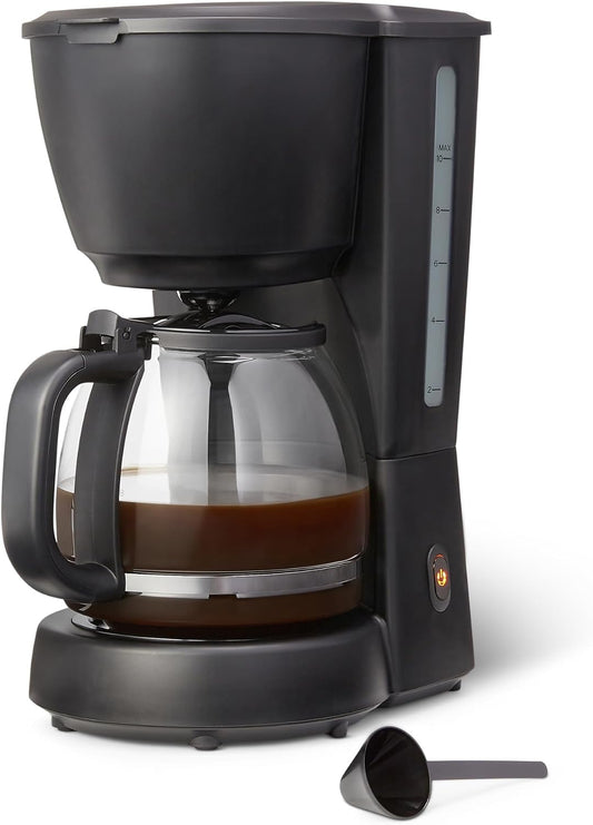 Amazon Basics - Cafeteira com filtro, jarro de vidro de 1,25 litros/10 chávenas, 29 minutos de manutenção de calor, 1000 W, preto, tomada UE