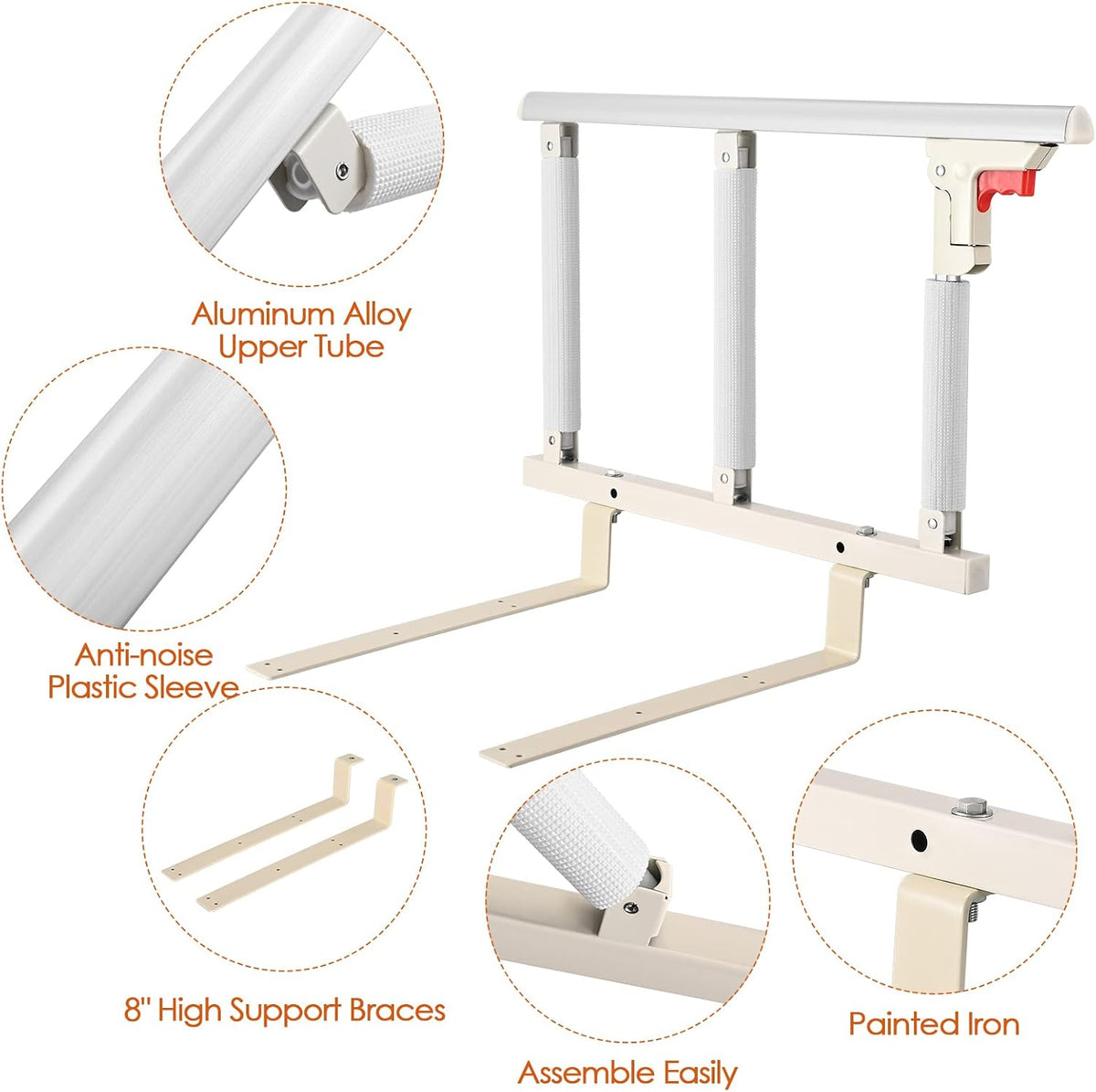 Grade de Segurança para Cama 70 × 41 cm – 3 Barras Anti-Queda para Idosos e Recuperação Pós-Cirúrgica