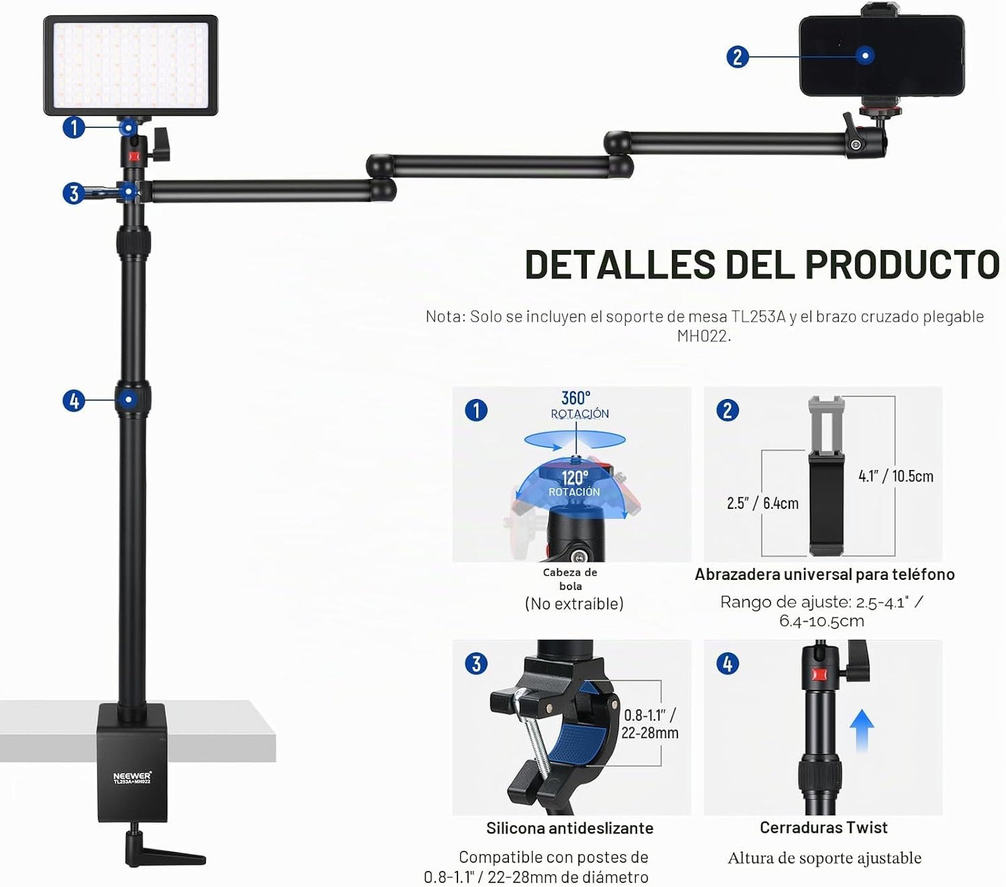 NEEWER - Suporte de mesa telescópico para câmara, com braço dobrável em três partes, 1,2 m, com pinça de telefone, rótula para luz LED, microfone TL253A+MH022