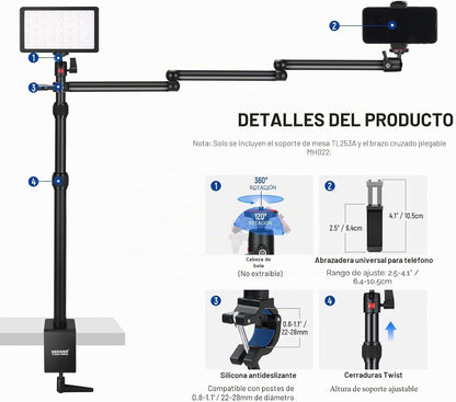 NEEWER - Suporte de mesa telescópico para câmara, com braço dobrável em três partes, 1,2 m, com pinça de telefone, rótula para luz LED, microfone TL253A+MH022