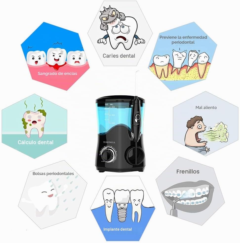 TUREWELL Irrigador dentário, irrigador bucal profissional com 8 bicos multifuncionais