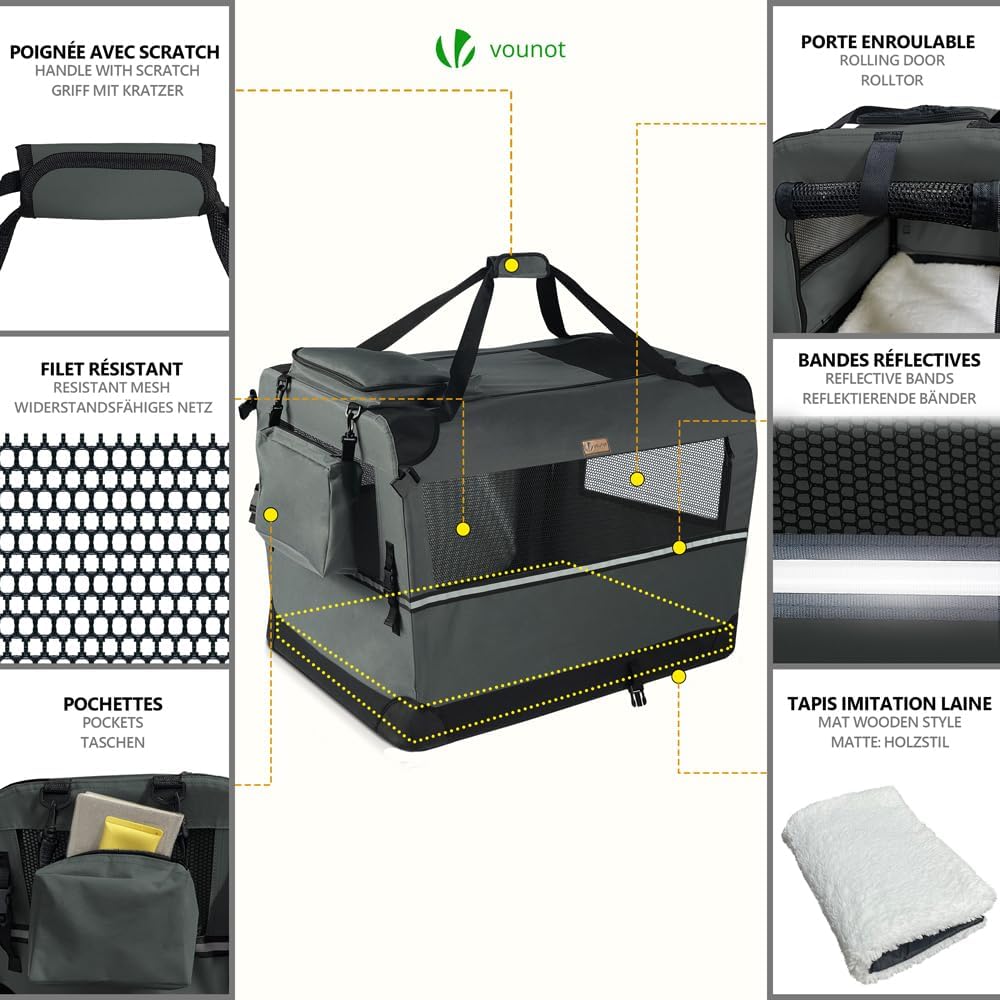 VOUNOT® Transportadora para Cães e Gatos M 60x44x44cm, Bolsa de Transporte Respirável para Animais de Estimação com Bolsos, Alfombrilla Removível, Tira Refletiva, Caixa Dobrável, Portador de Viagem