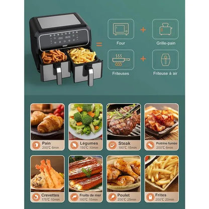 Fritadeira sem óleo Innsky Dual Zone, 8 L, com 8 programas, fritadeira de ar quente XXL com cesto duplo, ecrã tátil LED.