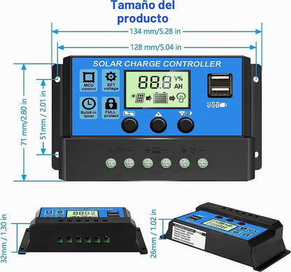 Controlador de carregamento solar PWM de 30A [Atualizado], regulador de placa solar de 12V/24V com ecrã LCD ajustável, porta USB dupla, configuração do temporizador, parâmetro automático