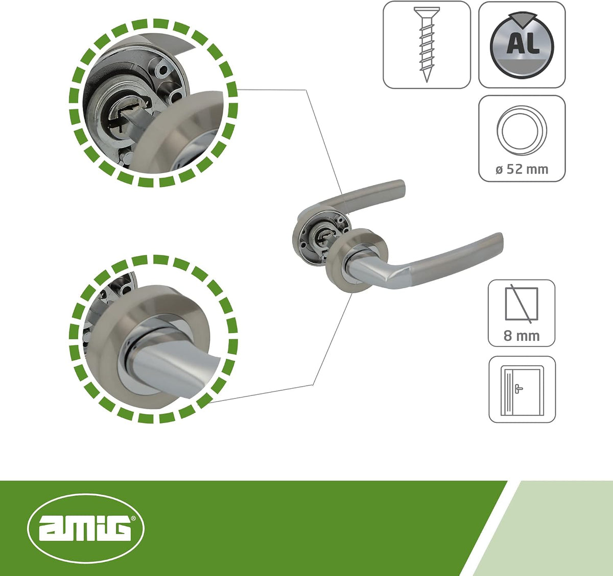 Amig - Conjunto de anéis com roseta de Zamak para portas - Mod. HISA Ø 52 mm, quadrado de 8 mm, design elegante e simples, alumínio níquel escovado