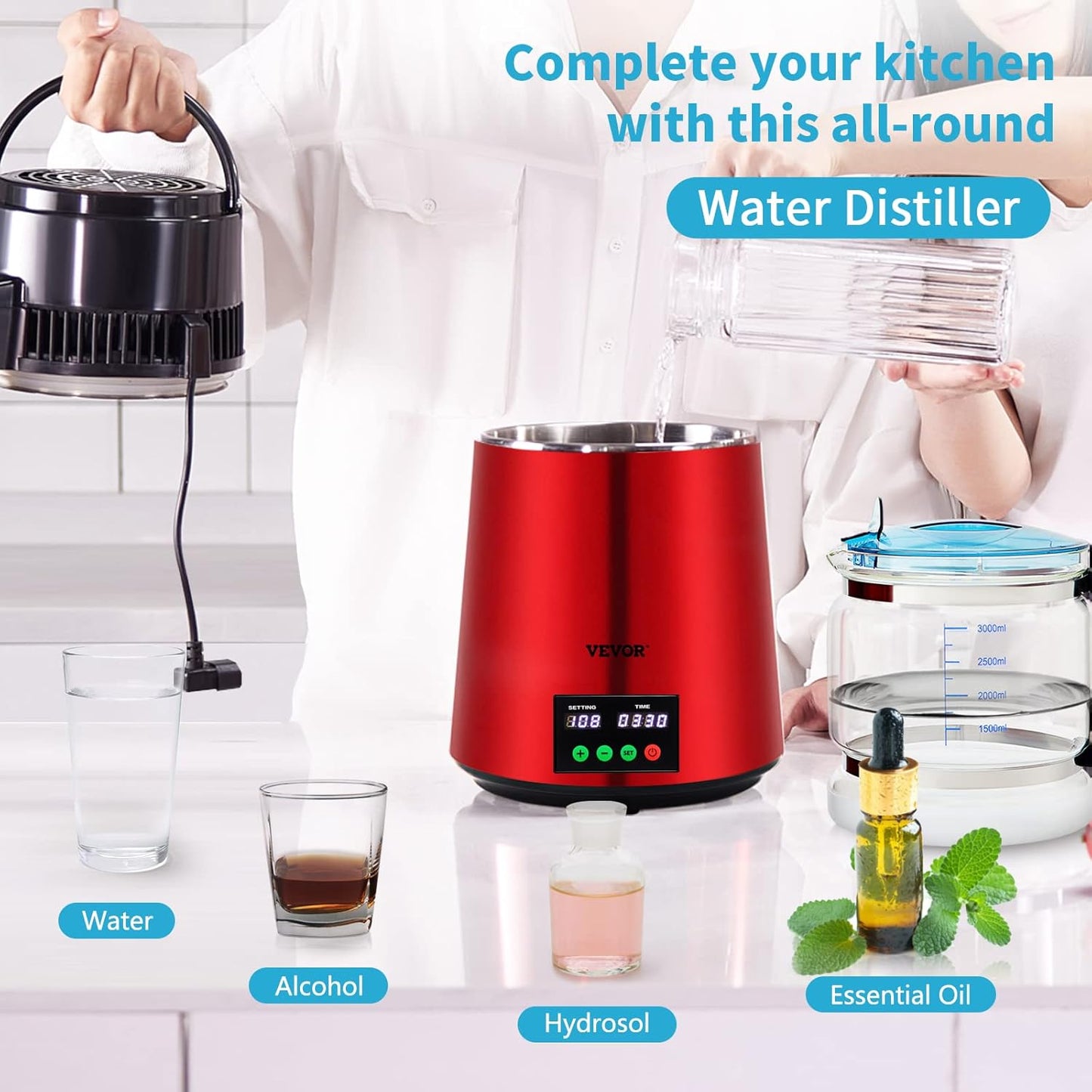 VEVOR Destilador de água 4 L filtro de destilação de água com recipiente de vidro 750 W 1 L/H