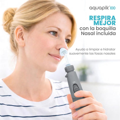 Irrigador dental de mesa Aquapik 100® – Limpeza bucal profunda com 10 níveis de pressão, 9 boquilhas, depósito de 600 ml, ideal para gengivas sensíveis, ortodontia, pontes e implantes. (Cinza)