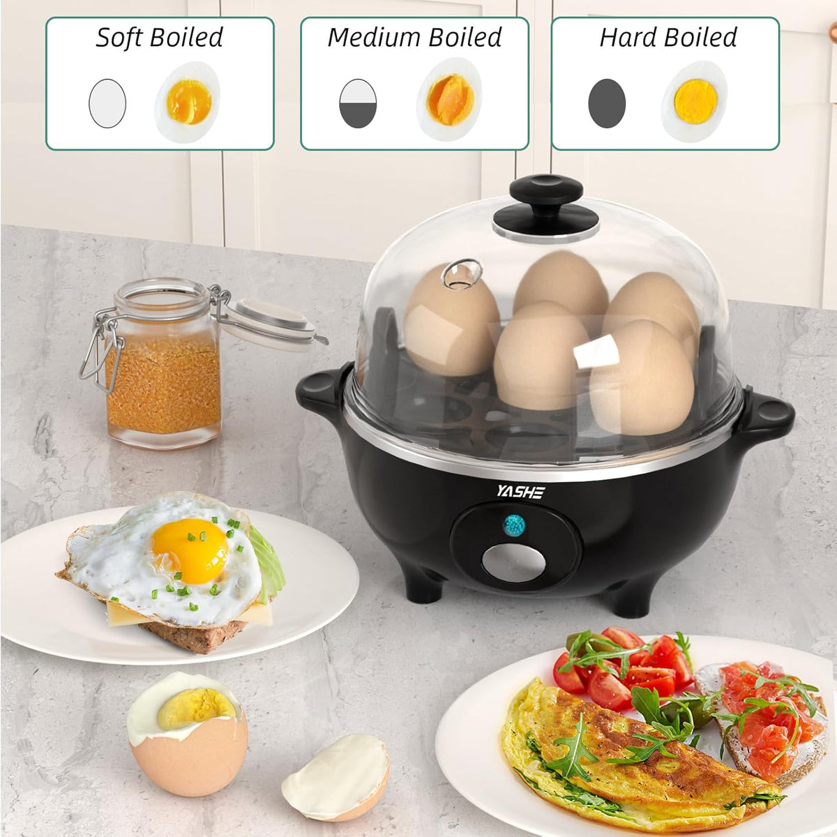 YASHE Cozedor de Ovos, Cozedor de Ovos de 360 W, 7 ovos fáceis de descascar, ovos moles, médios, duros, escalfados, fabricante de omeletes, vaporizador, campainha, luz indicadora, livre de BPA