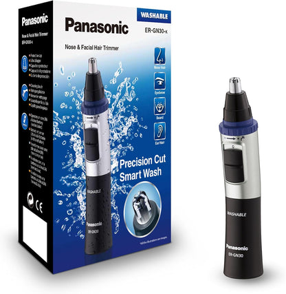 Panasonic ER-GN30-K503 Aparador de cabelo facial para nariz e orelhas, húmido/seco, lâmina hipoalergénica de fio duplo, sistema de limpeza Vortex, sem fios, preto