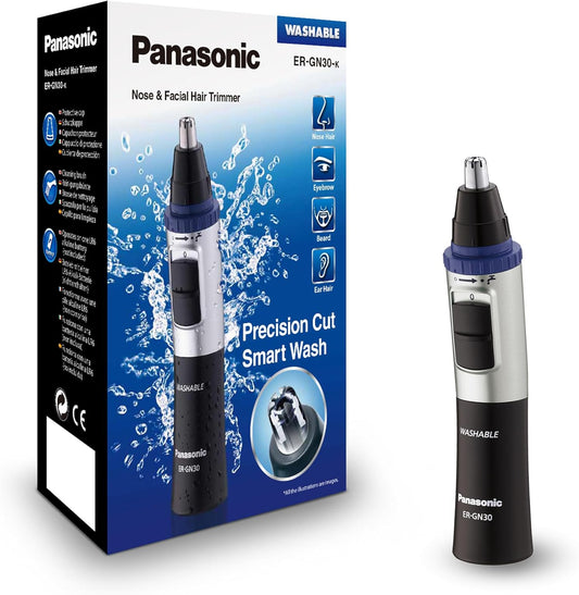 Panasonic ER-GN30-K503 Aparador de cabelo facial para nariz e orelhas, húmido/seco, lâmina hipoalergénica de fio duplo, sistema de limpeza Vortex, sem fios, preto