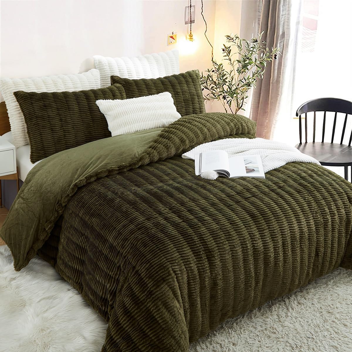 Roupa de cama de pelúcia de 155 x 220 cm, cor verde escuro, macia, de pelo comprido, de inverno, quente e aconchegante, flanela polar, toque de caxemira, capa nórdica com fecho de correr e 1 capa de