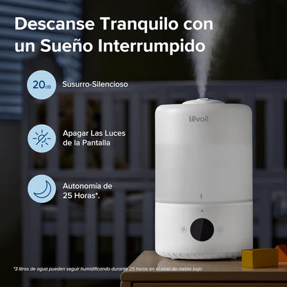 LEVOIT Humidificador inteligente de névoa fria para quarto e bebé com sensor, controlo por APP e voz, difusor de óleos essenciais, temporizador para quarto, <28dB, 3L Top-Fill, branco