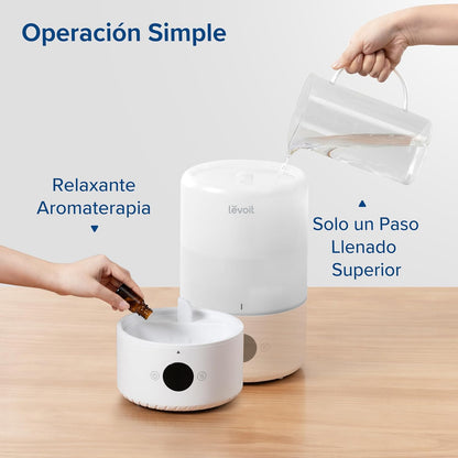 LEVOIT Humidificador inteligente de névoa fria para quarto e bebé com sensor, controlo por APP e voz, difusor de óleos essenciais, temporizador para quarto, <28dB, 3L Top-Fill, branco