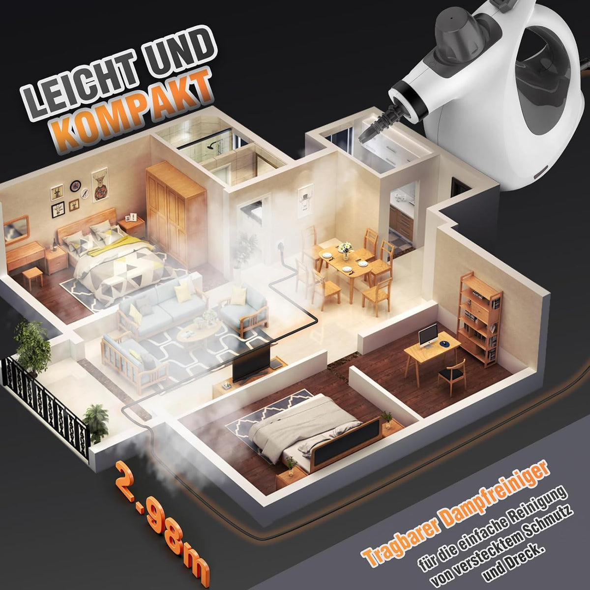 Limpador a vapor portátil, 100% sem químicos, vapor de alta pressão elimina eficazmente poeira, sujidade e gordura, vapor limpeza casa 1050 W 3bar para cozinha, casa de banho, carro, janelas e juntas