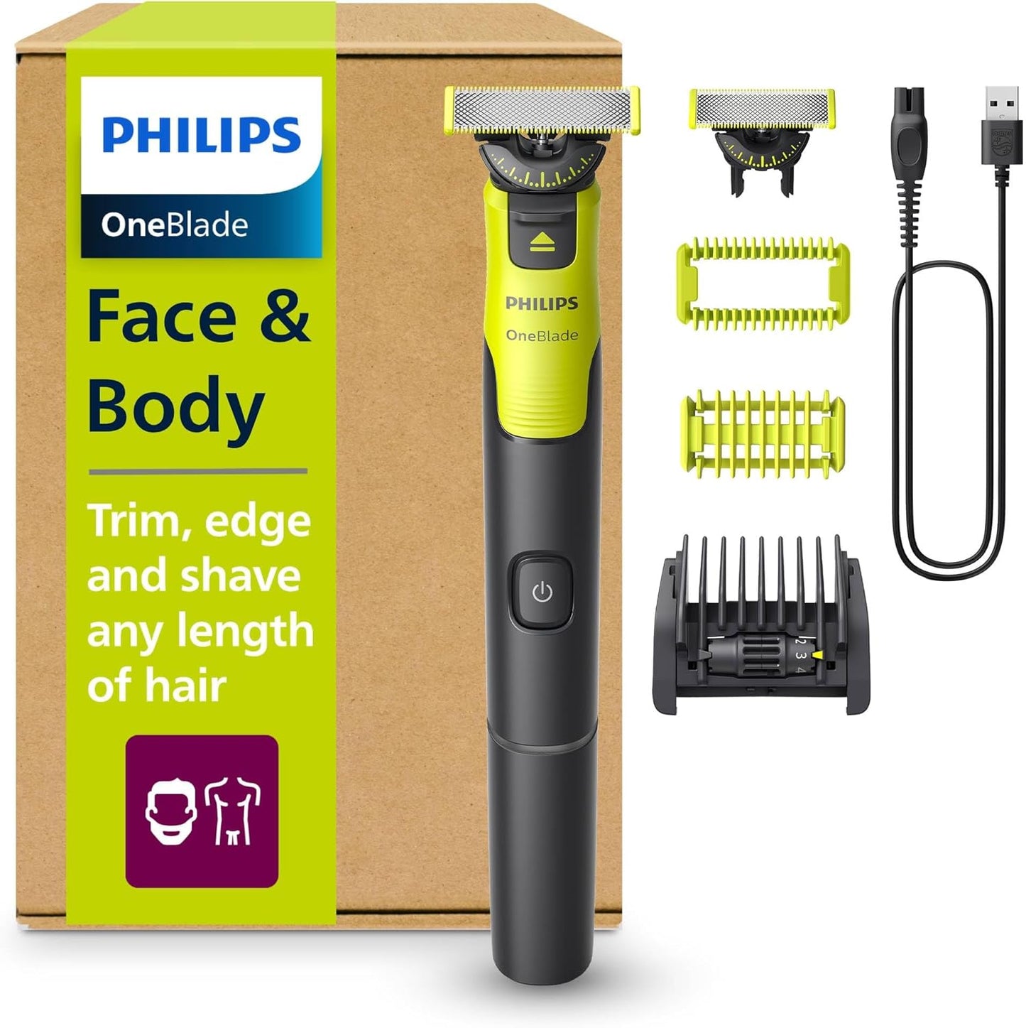 Philips OneBlade 360 com Bluetooth, aparador para barba e corpo, máquina de barbear elétrica para homem, depilação masculina, 2 lâminas, 5 comprimentos, 60 minutos de uso com 1 hora de carregamento