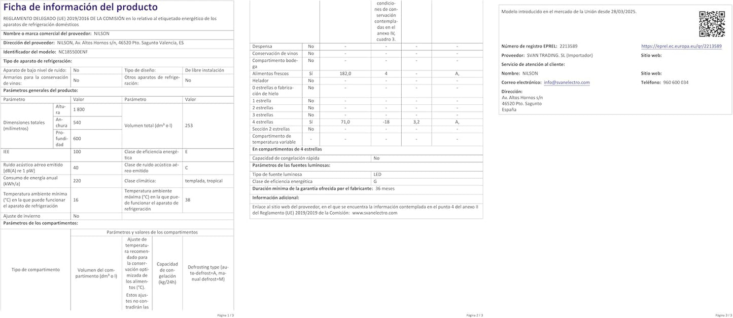 NILSON Frigorífico combinado branco, 2 portas. NC185500ENF, capacidade 253 litros,