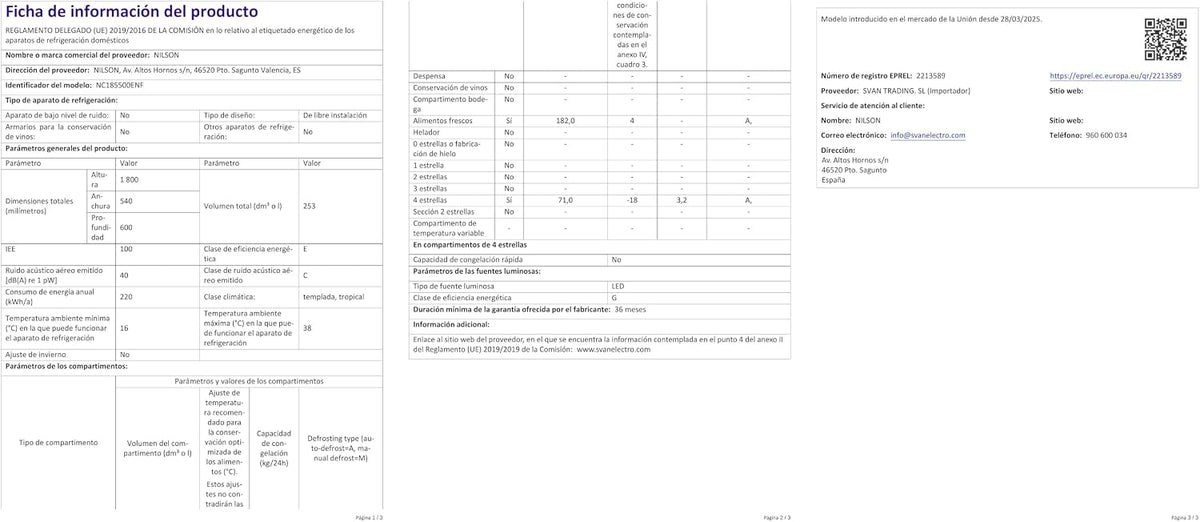 Nilson Frigorífico combinado branco, 2 portas. NC185500ENF, Capacidade 253 l, sem rost, Multi Air Flow, baixo nível sonoro, porta reversível, classificação energética E [Classe energética E]