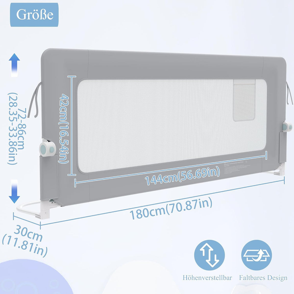Trilho de cama AufuN, proteção contra quedas, portátil, 180 cm, trilho de cama infantil dobrável para crianças, trilho de cama de bebê, dobrável, portátil, cama de proteção para bebês e crianças na cama dos pais, cinza