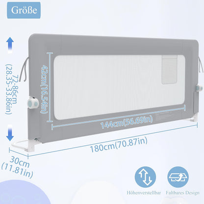 Trilho de cama AufuN, proteção contra quedas, portátil, 180 cm, trilho de cama infantil dobrável para crianças, trilho de cama de bebê, dobrável, portátil, cama de proteção para bebês e crianças na cama dos pais, cinza