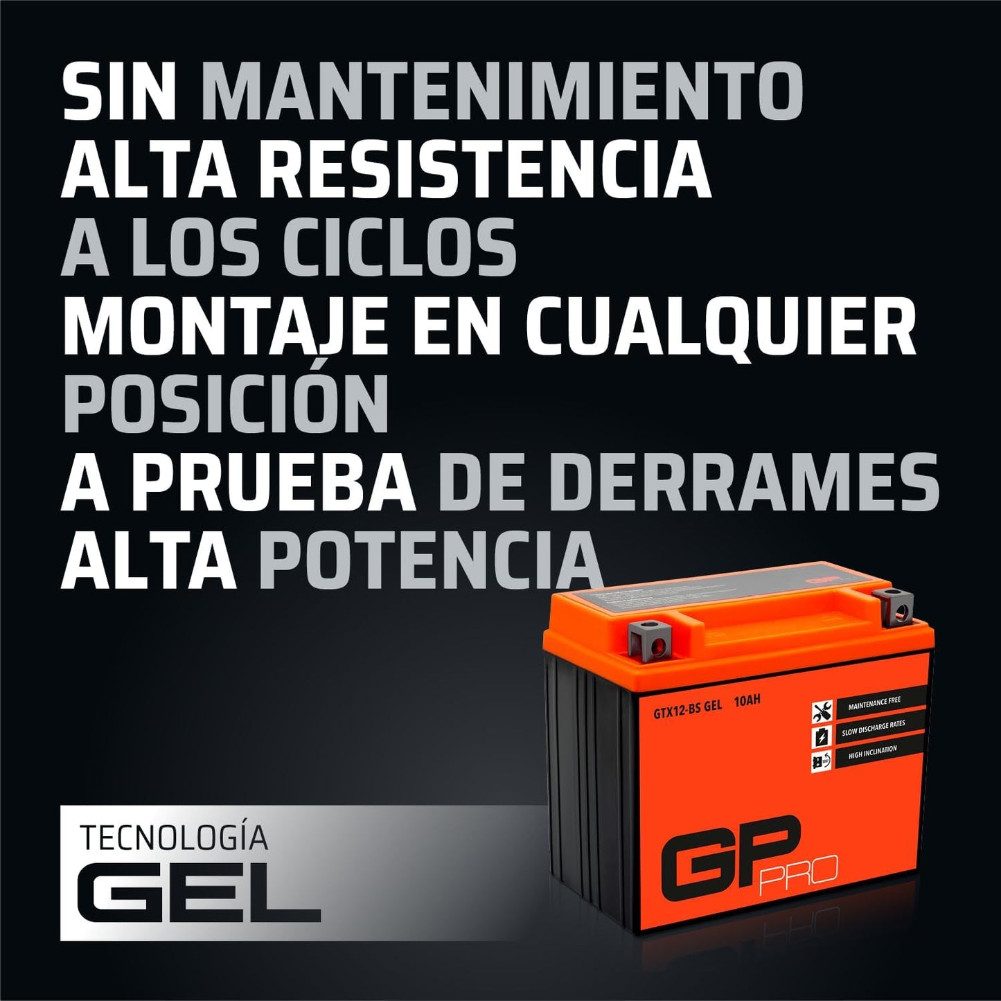 GP-PRO GTX12-BS Bateria de arranque para motas, 12 V, 10 Ah, semelhante a YTX12-BS / 51012, sem necessidade de manutenção, 15 x 13 x 8,7 cm