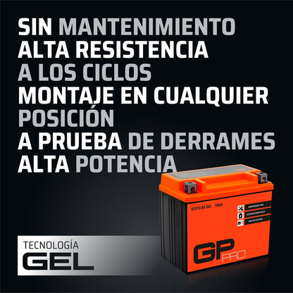 GP-PRO GTX12-BS Bateria de arranque para motas, 12 V, 10 Ah, semelhante a YTX12-BS / 51012, sem necessidade de manutenção, 15 x 13 x 8,7 cm