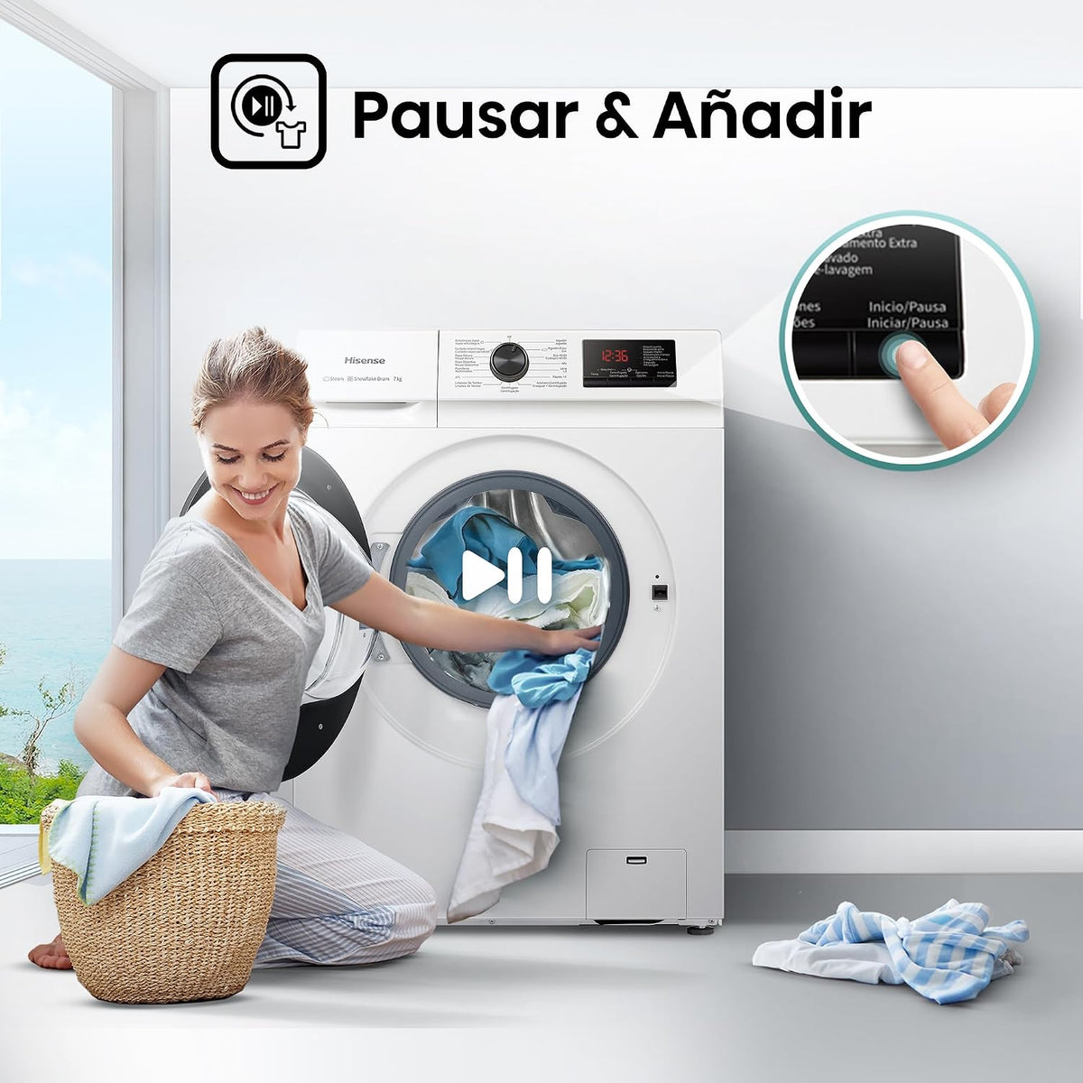Hisense WFVB7012EM Máquina de lavar a vapor, carregamento frontal de 7 kg, 1200 rpm, 15 programas, controlo inteligente de oscilação de bateria, Display LED, programa rápido, branco [Classe energética D]