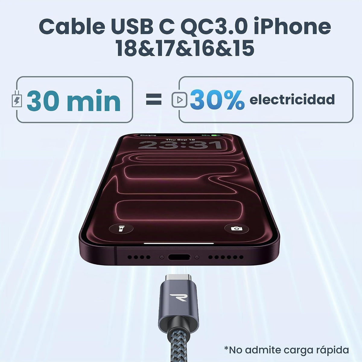 RAMPOW Cabo USB C [1Pack, 2M] Cabo USB Tipo C 3A, Cabo de Carregamento Rápido QC3.0 Tipo C em Nylon Durável com iPhone 15/15 Pro iPad Pro/Air, Samsung Galaxy S22/S21/S20, Huawei, Xiaomi - Cinza