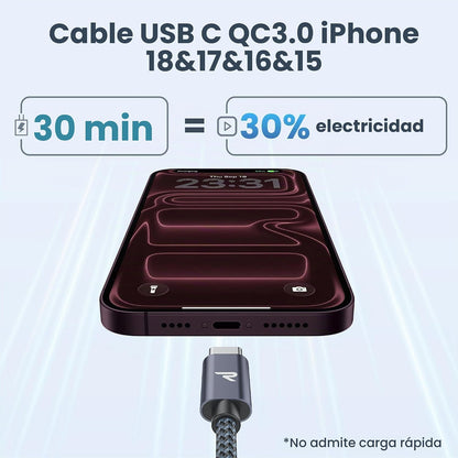 RAMPOW Cabo USB C [1Pack, 2M] Cabo USB Tipo C 3A, Cabo de Carregamento Rápido QC3.0 Tipo C em Nylon Durável com iPhone 15/15 Pro iPad Pro/Air, Samsung Galaxy S22/S21/S20, Huawei, Xiaomi - Cinza