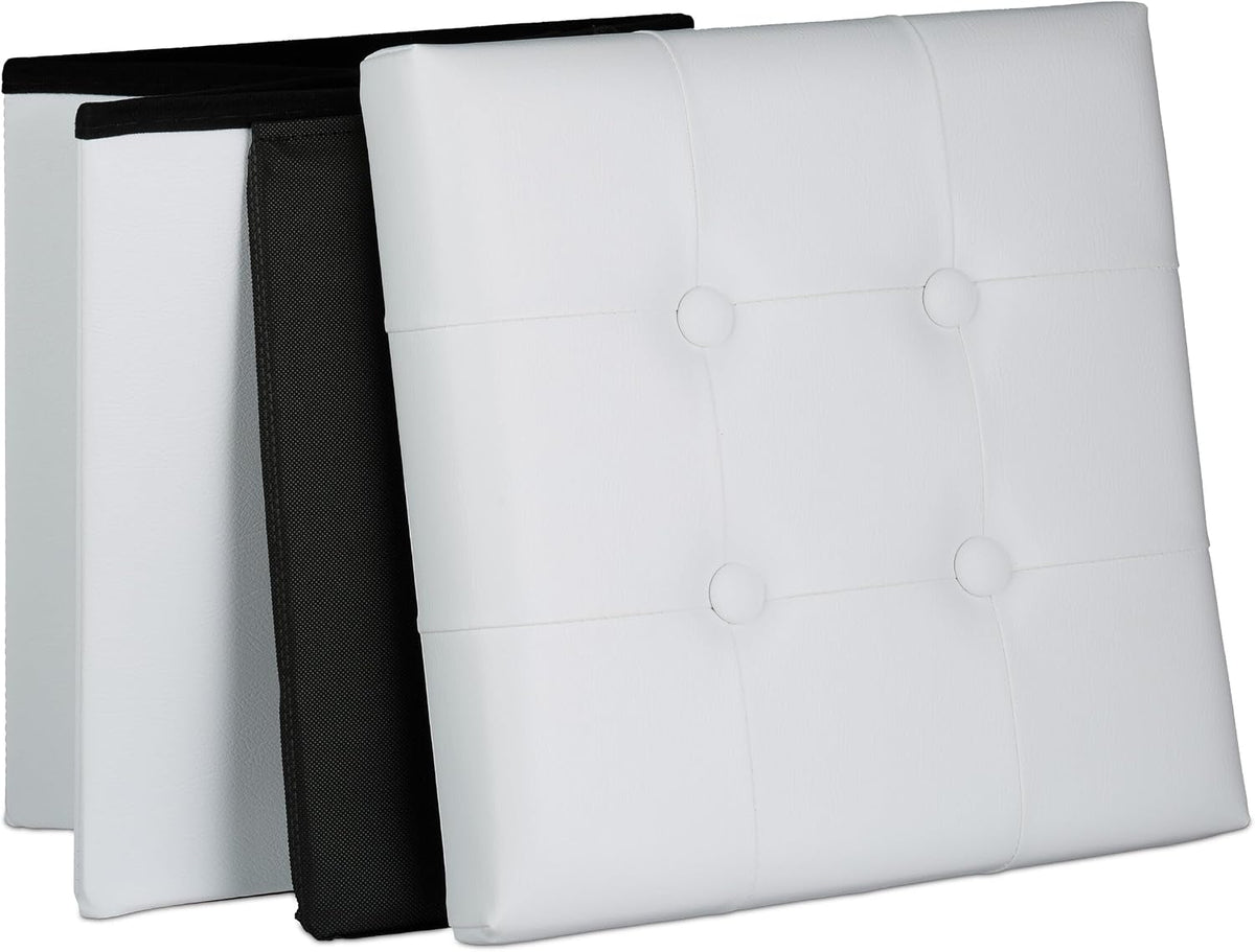 Relaxdays Banqueta para os pés com arrumação, com tampa, alças, pele sintética, acolchoada, dobrável, 39 x 37 x 37 cm, branco