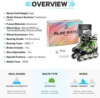 Gonex Patins em linha para meninas, meninos, crianças, lâminas giratórias 4 tamanhos ajustáveis em 1, moldura de alumínio, rolamentos ABEC-7, rodas de poliuretano de 64 mm, crianças, adolescentes