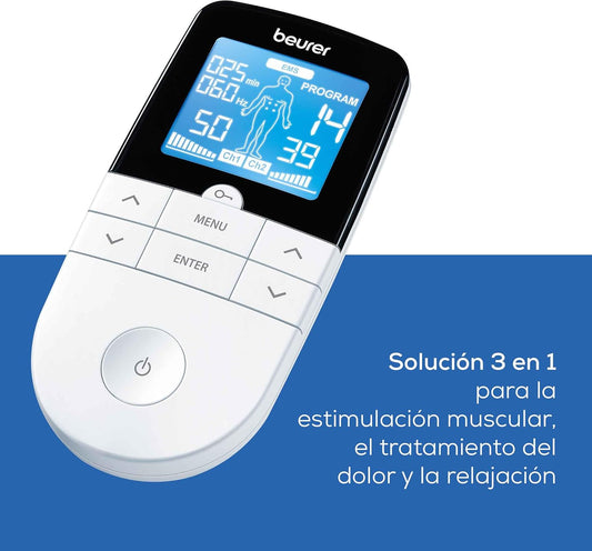 Beurer EM 49 TENS/EMS digital, dispositivo de corrente de estimulação 3 em 1 para alívio da dor e treino, função de massagem, inclui 4 eletrodos, cor branca