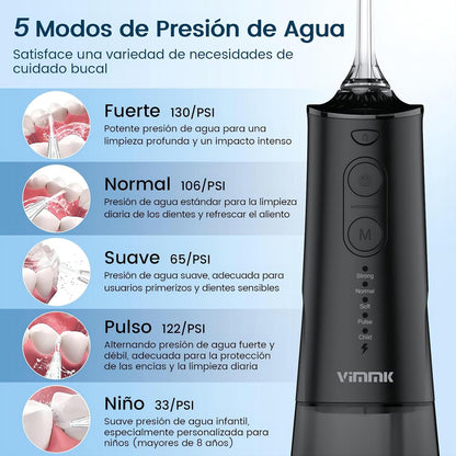 rrigador bucal portátil, Vimmk Irrigador dental sem fios profissional 8 boquilhas 5 modos, IPX7 impermeável 300 ml USB-C recarregável para limpeza de dentes, para casa e viagens (preto)