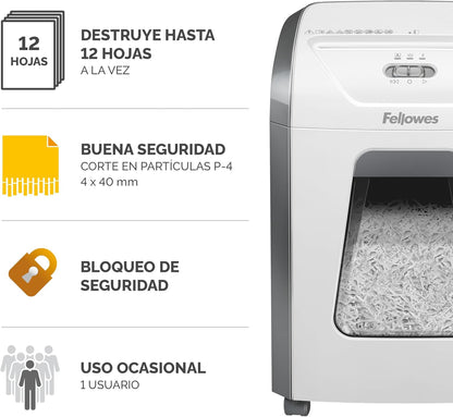 Fellowes FS-12C - Destruidora de Papel, Corte em partículas, destrói até 12 Folhas, destruidora de Papel de Uso Pessoal, Cesto 19L, Nível de Segurança DIN-P4, Exclusivo da Amazon