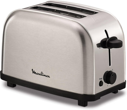 Moulinex Classic LT330D Torradeira de aço inoxidável, 2 ranhuras curtas para 2 fatias de pão, 6 posições de torrado com função Stop e bandeja de recolha, adequado para todos os tipos de pão