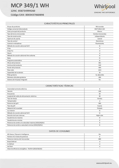 Whirlpool MCP 349/1, WH Forno microondas, instalação gratuita, CHEF PLUS, 25 L de cave, MW-Combi, Touch Control Sensor, potência MWO 800 W, potência de brilho 900 W, cor branca