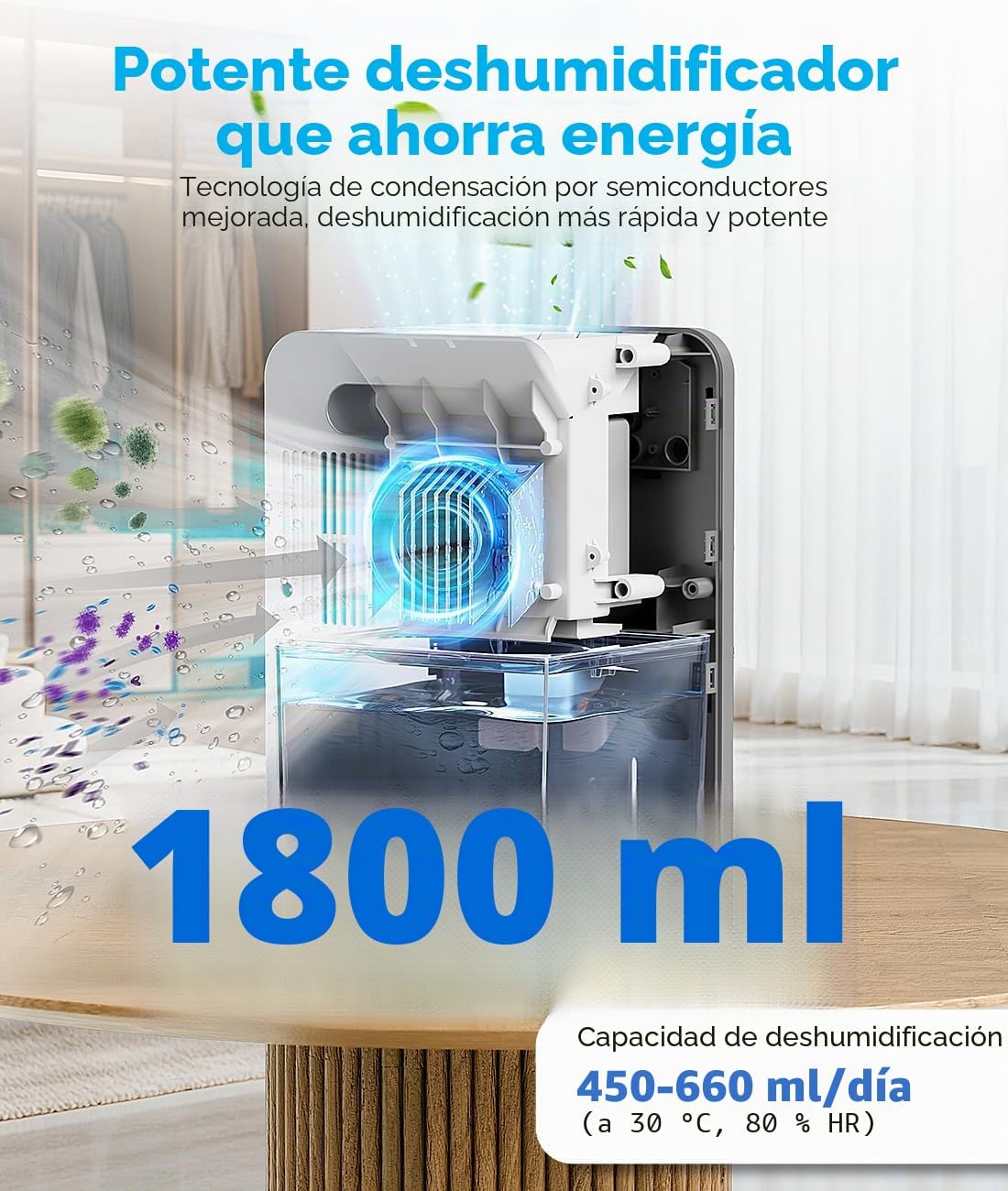Deshumidificador elétrico automático de 1800 ml função de descongelação, temporizador de 2 a 12 horas modo de descanso ecrã LED de 7 cores adequado para quartos, casas de banho e armários (660 ml/24 H