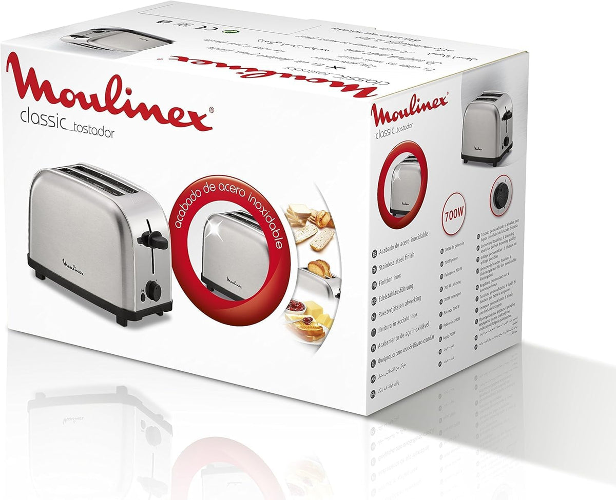 Moulinex Classic LT330D Torradeira de aço inoxidável, 2 ranhuras curtas para 2 fatias de pão, 6 posições de torrado com função Stop e bandeja de recolha, adequado para todos os tipos de pão
