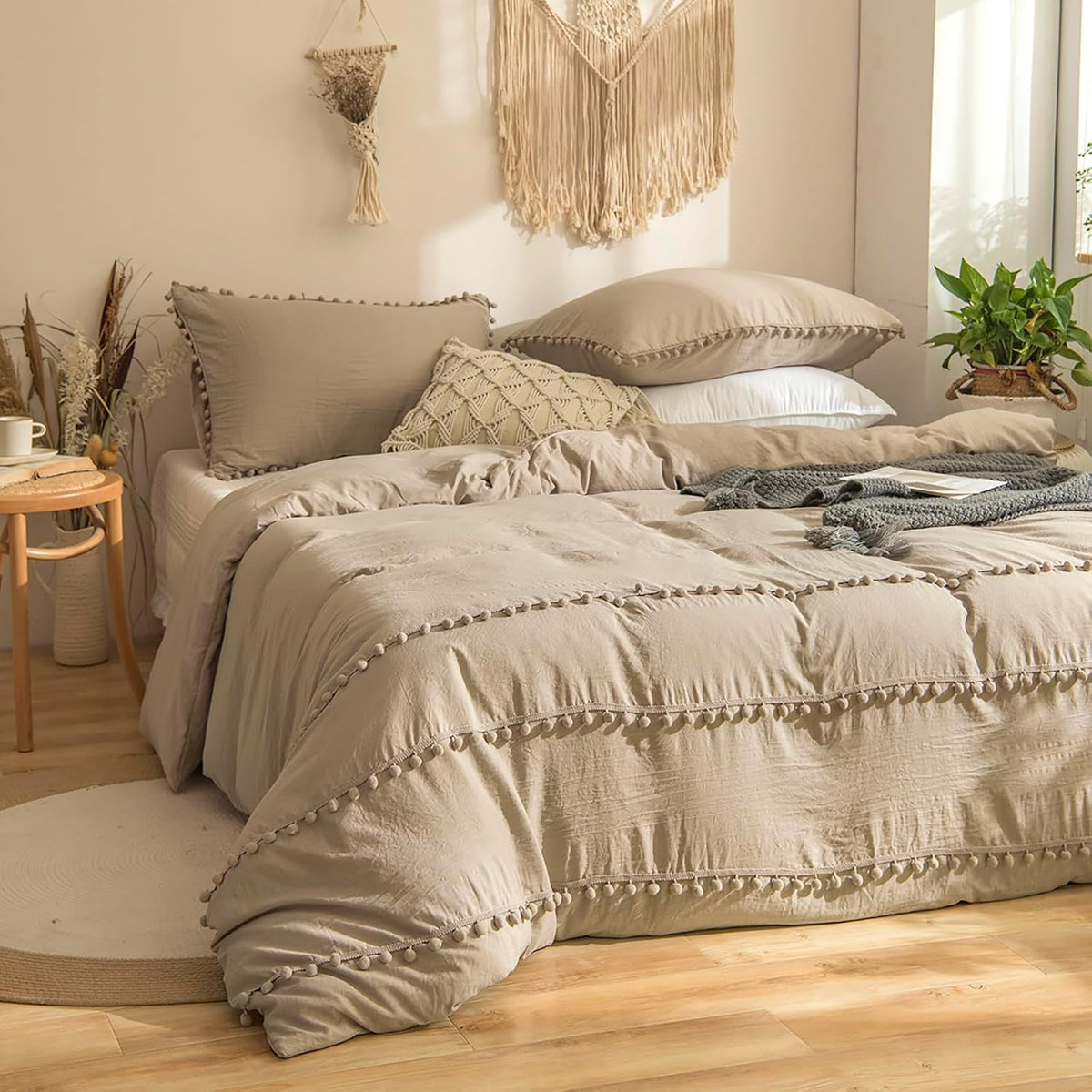 Conjunto de capa nórdica 135 x 200 cm, taupe conjunto de roupa de cama boho com franjas, pompom boémio em microfibra, macia com fronha de almofada e fecho de correr (Taupe, 135 x 200