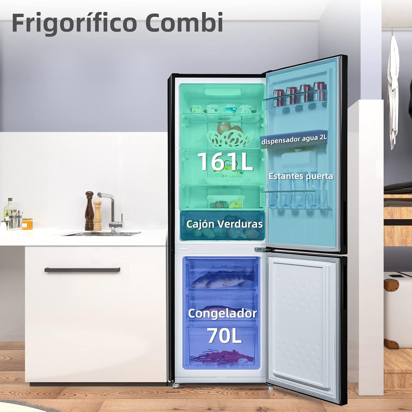 CHiQ FBM228NE4DE frigorífico independente com congelador, combinação de frigorífico e congelador 231 l, sem geada, fluxo de ar múltiplo, dispensador de água, 170 cm de altura [Classe energética E]