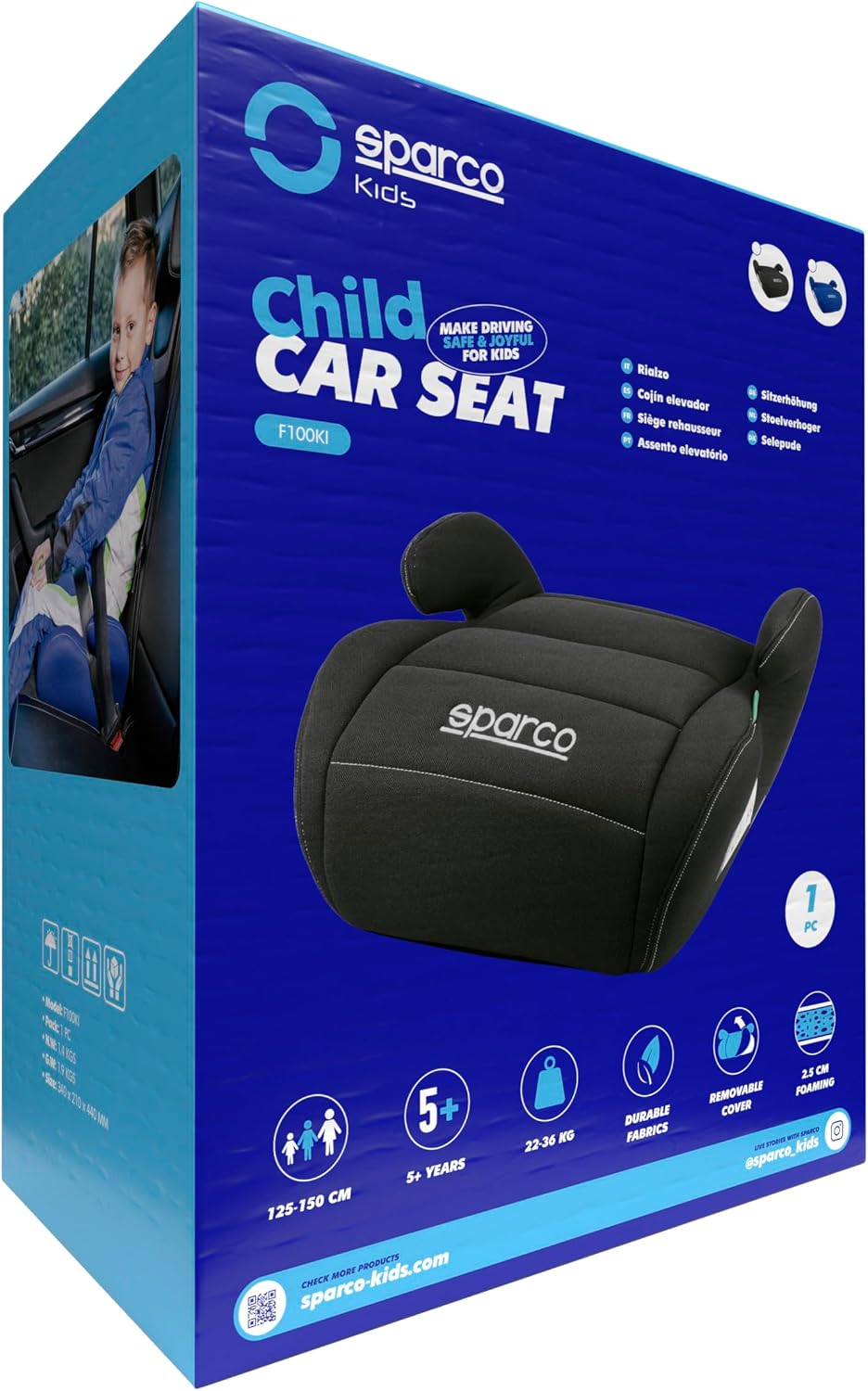 Sparco Elevador infantil de assento de carro preto i-Size para meninos e meninas.