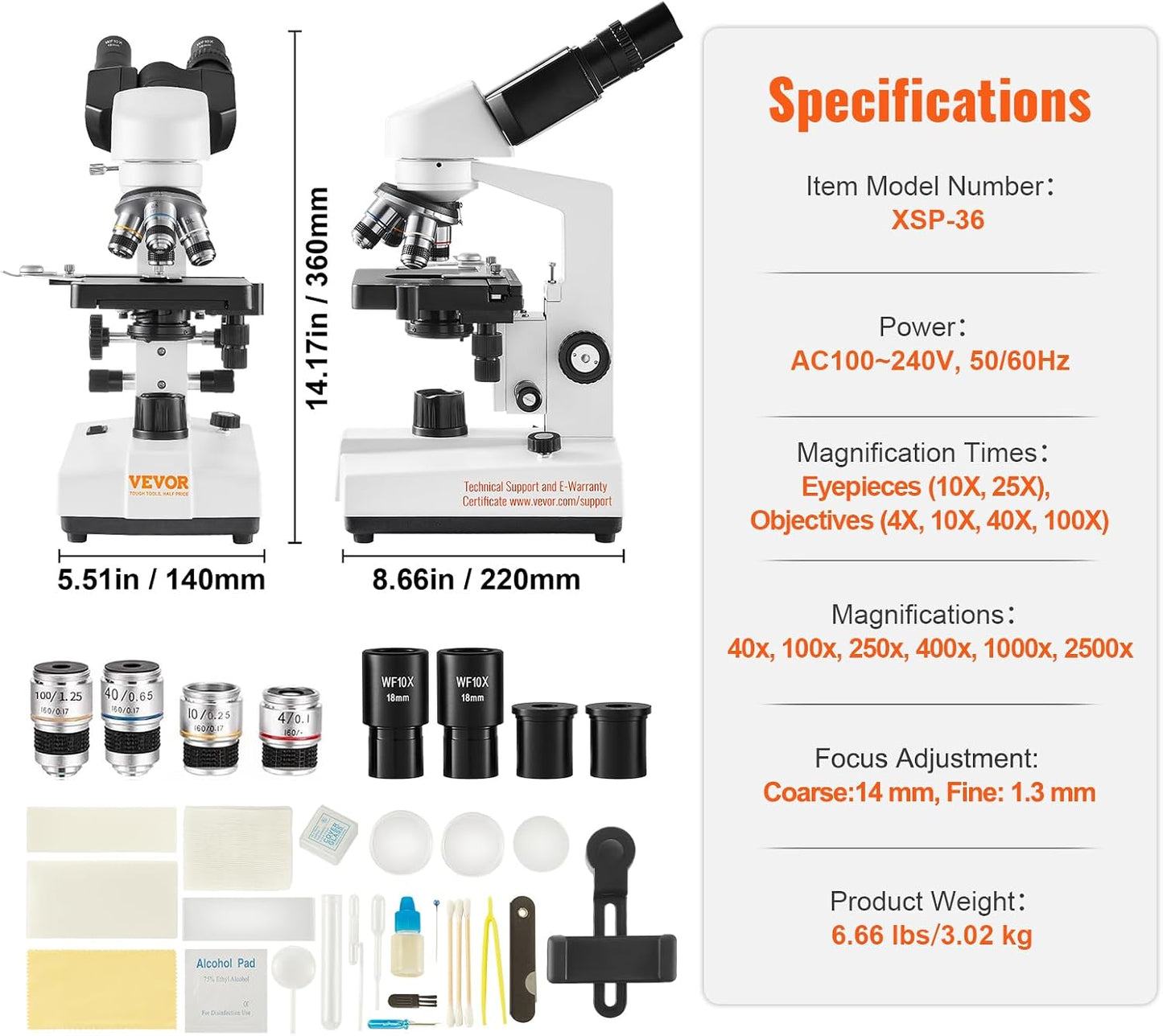 VEVOR Microscópio Composto Binocular 40X-2500X com Biologia de Estágio de 2 Camadas