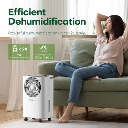 CONOPU Deshumidificador 12 l/dia, drenagem contínua, desumidificação automática, modo de sono, temporizador de 24 horas, desumidificadores baixo consumo, proporcionando uma experiência confortável e seca