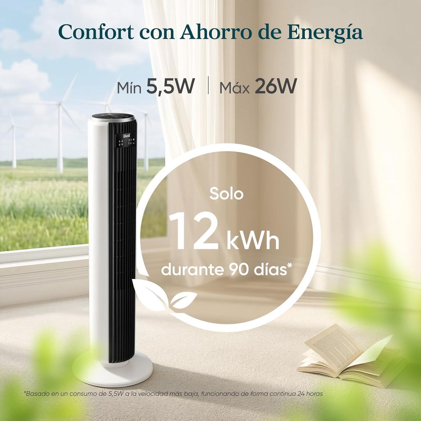 LEVOIT 20 dB Ventoinha de torre com controlo remoto, 7,9 m/s com motor DC, ventilador silencioso de 26 W com modo de descanso, 4 modos e 12 velocidades, temporizador de 12 H, ecrã LED, oscilação de 90