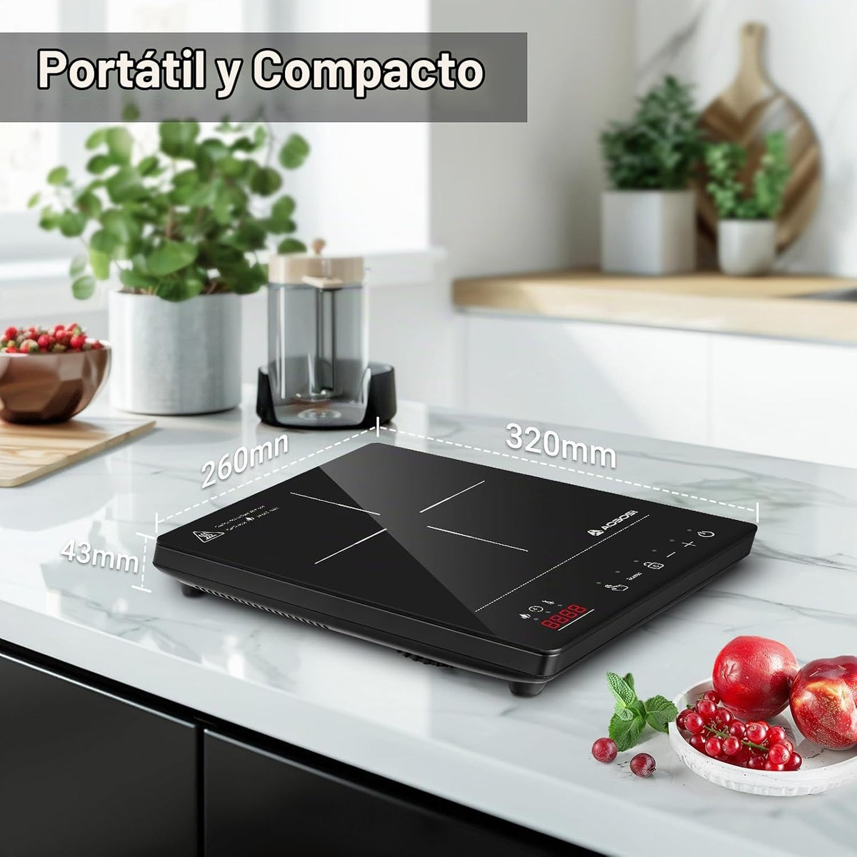 Aobosi Placa de indução, placas de indução com corpo ultrafino portátil (32 * 26 * 4,2), 20 níveis de potência e temperatura, função Booster 2000 W, bloqueio de segurança, temporizador 10H