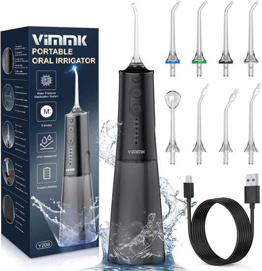 rrigador bucal portátil, Vimmk Irrigador dental sem fios profissional 8 boquilhas 5 modos, IPX7 impermeável 300 ml USB-C recarregável para limpeza de dentes, para casa e viagens (preto)