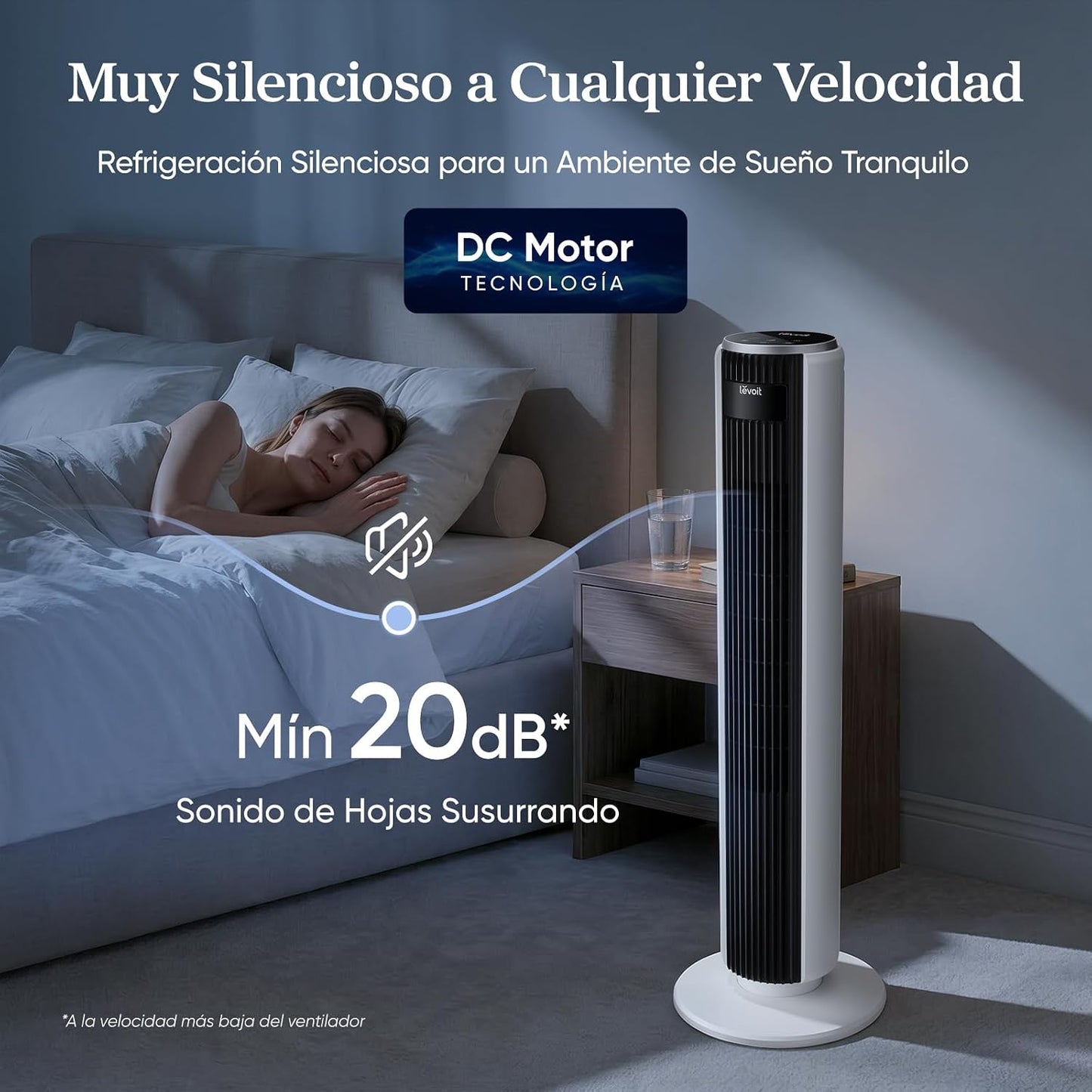LEVOIT 20 dB Ventoinha de torre com controlo remoto, 7,9 m/s com motor DC, ventilador silencioso de 26 W com modo de descanso, 4 modos e 12 velocidades, temporizador de 12 H, ecrã LED, oscilação de 90