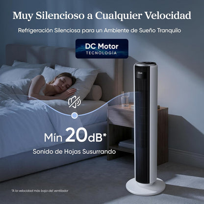 LEVOIT 20 dB Ventoinha de torre com controlo remoto, 7,9 m/s com motor DC, ventilador silencioso de 26 W com modo de descanso, 4 modos e 12 velocidades, temporizador de 12 H, ecrã LED, oscilação de 90