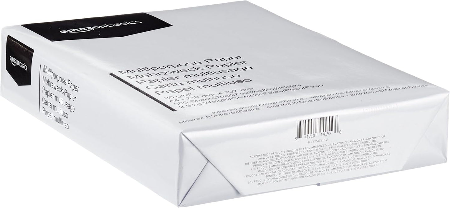 Amazon Basics Papel multiusos para impressora A4 80 g/m², 2500 Unidades, 5 Pacotes de 500, Branco