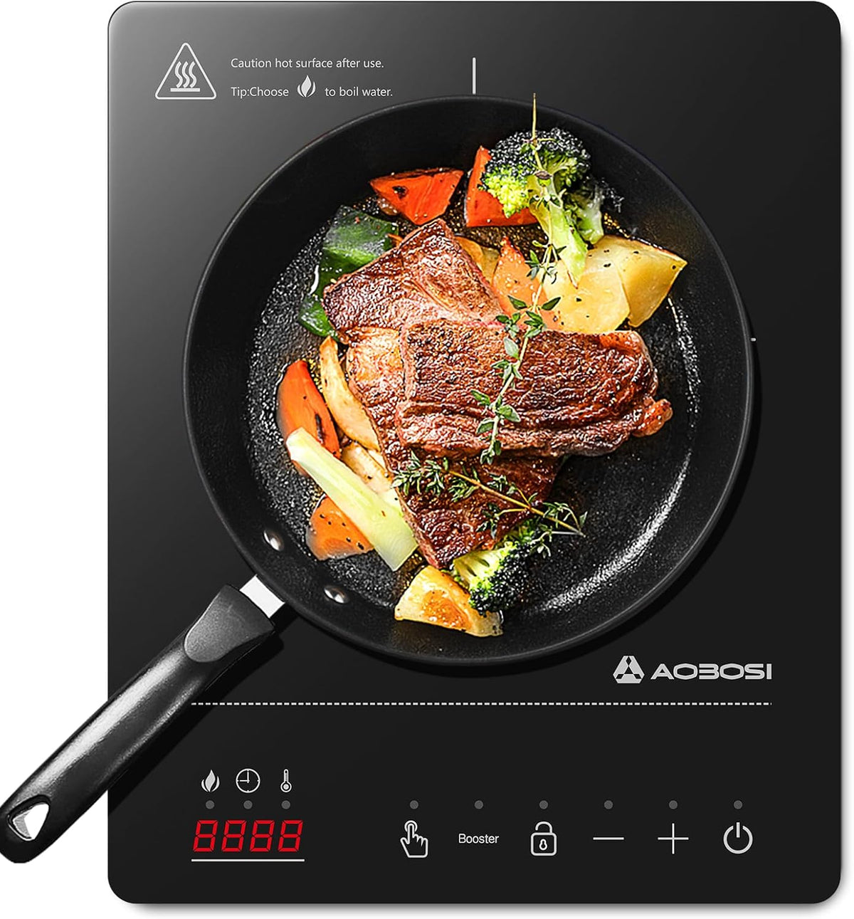 Aobosi Placa de indução, placas de indução com corpo ultrafino portátil (32 * 26 * 4,2), 20 níveis de potência e temperatura, função Booster 2000 W, bloqueio de segurança, temporizador 10H