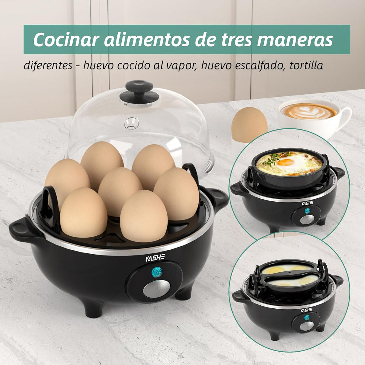 YASHE Cozedor de Ovos, Cozedor de Ovos de 360 W, 7 ovos fáceis de descascar, ovos moles, médios, duros, escalfados, fabricante de omeletes, vaporizador, campainha, luz indicadora, livre de BPA
